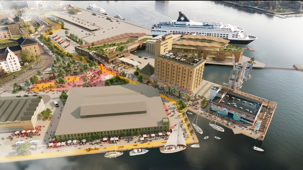 Perspektiv Vippetangen. Illustrasjon av hvordan Vippetangen kan se ut med ny fergeterminal for utenriksfergene.